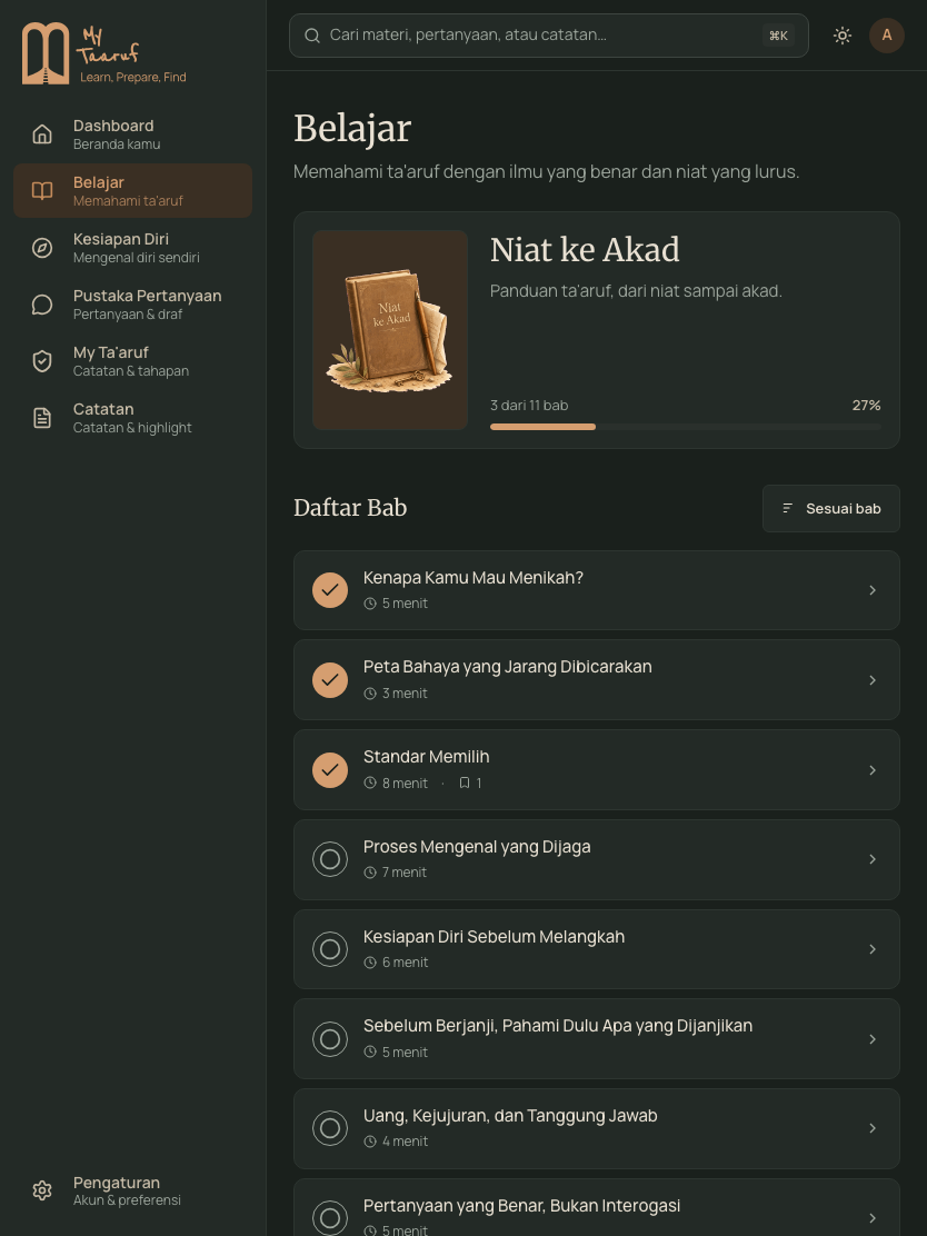 Tampilan aplikasi (mode gelap): daftar sebelas bab materi 'Niat ke Akad' di Belajar, dari 'Kenapa Kamu Mau Menikah?' sampai 'Merayakan dengan Cara yang Benar'.