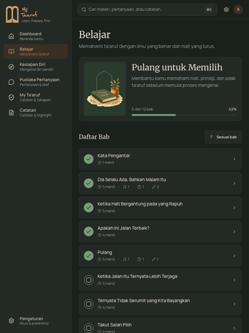 Tampilan aplikasi (mode gelap): daftar sebelas bab di Belajar, dari 'Dia Selalu Ada, Bahkan Malam Itu' sampai 'Sejak Awal Allah Selalu Melihat'.