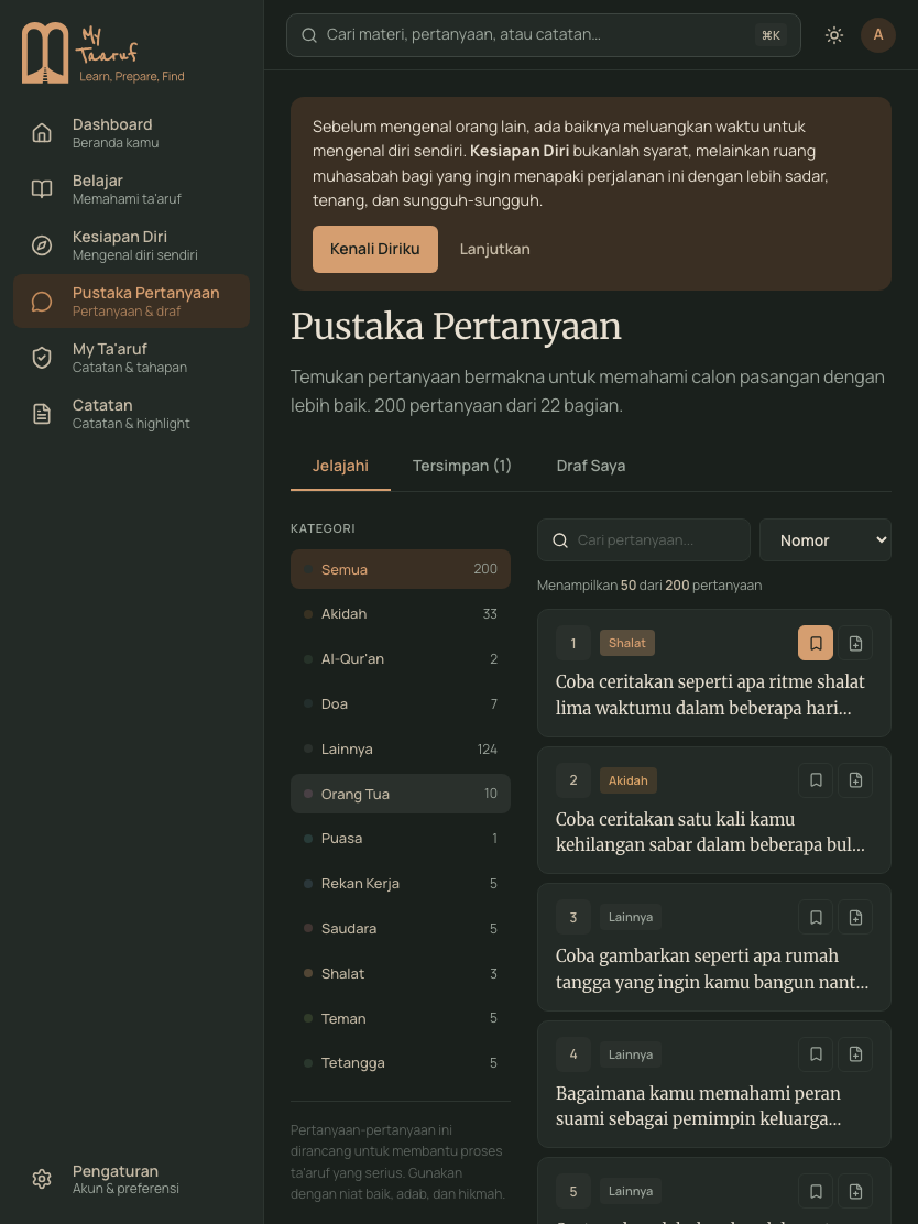 Tampilan aplikasi (mode gelap): Pustaka Pertanyaan, 200 pertanyaan dari 22 bagian, dengan kategori dan daftar pertanyaan yang bisa dipilih.