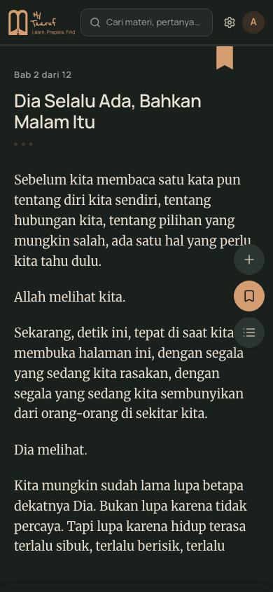 Tampilan aplikasi (mode gelap): bab Dia Selalu Ada, Bahkan Malam Itu terbuka di reader.
