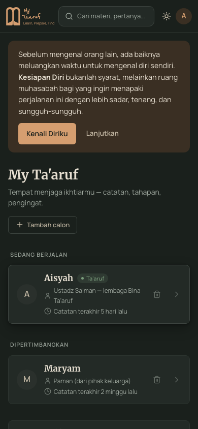 Tampilan aplikasi (mode gelap): daftar calon di My Ta'aruf.