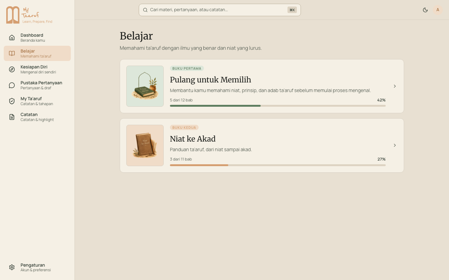 Tampilan aplikasi: ruang Belajar dengan dua materi, 'Pulang untuk Memilih' dan 'Niat ke Akad', masing-masing dengan progres baca.