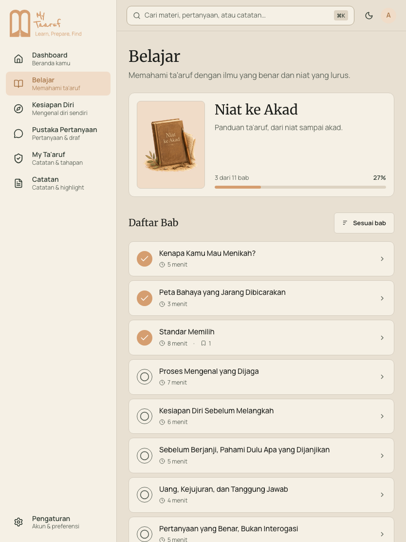 Tampilan aplikasi: daftar sebelas bab materi 'Niat ke Akad' di Belajar, dari 'Kenapa Kamu Mau Menikah?' sampai 'Merayakan dengan Cara yang Benar'.