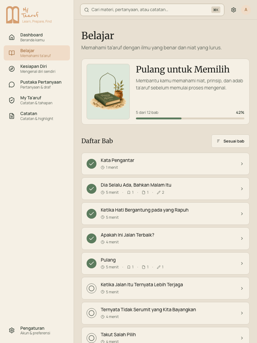 Tampilan aplikasi: daftar sebelas bab di Belajar, dari 'Dia Selalu Ada, Bahkan Malam Itu' sampai 'Sejak Awal Allah Selalu Melihat'.
