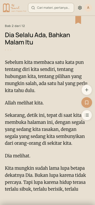 Tampilan aplikasi: bab Dia Selalu Ada, Bahkan Malam Itu terbuka di reader.